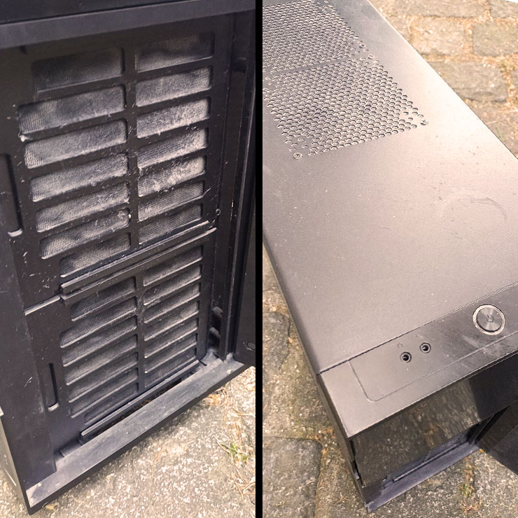 Zwei Fotos eines stark verstaubten PC-Gehäuses vor dem Service: Links ein Big-Tower mit extrem verschmutzten Staubfiltern und herausragenden Staubfäden, rechts die Gehäuseoberseite mit Flaschenrändern und Fingerabdrücken. Kein Problem für Computerheld Linz Die Aufnahme zeigt einen Splitscreen mit zwei Handyfotos, die den Zustand eines stark vernachlässigten Big-Tower-PCs dokumentieren – aufgenommen im Mai 2025, unmittelbar vor dem Hardware-Check durch Computerheld Linz. Links im Bild: Ein schwarzer Big-Tower mit geöffneter Frontblende. Was dem geschulten Blick zuerst ins Auge fällt, sind die völlig zugesetzten Staubfilter – eine gleichmäßige, weiße Staubschicht bedeckt die Lüfterabdeckung so dicht, dass man fast meinen könnte, hier wächst graue Baumwolle. An den Rändern hängen sogar filzige Staubfäden wie zähe Spinnweben aus Technik-Albträumen. Der Tower wirkt, als hätte er jahrelang unter einem Trockner gestanden oder als würde er leise nach Hilfe rufen. Rechts im Bild: Eine Draufsicht auf das Gehäuse – das Oberdeck präsentiert sich in einem Zustand, der entfernt an eine vergessene Werkbank erinnert. Kreisrunde Abdrücke deuten auf abgestellte Flaschen oder Tassen hin, dazwischen verwischte Fingerabdrücke und fettige Schlieren. Die Oberfläche ist nicht nur verschmutzt, sie erzählt eine Geschichte – von Vernachlässigung, Alltag, vielleicht auch Cola-Light. Insgesamt entsteht der Eindruck eines in Würde gealterten, aber dringend wartungsbedürftigen Systems. Beide Fotos dokumentieren anschaulich, in welchem Zustand sich manche PCs vor dem Eingreifen eines Fachservices befinden – in diesem Fall: Computerheld Linz. Veronika Helga Vetter