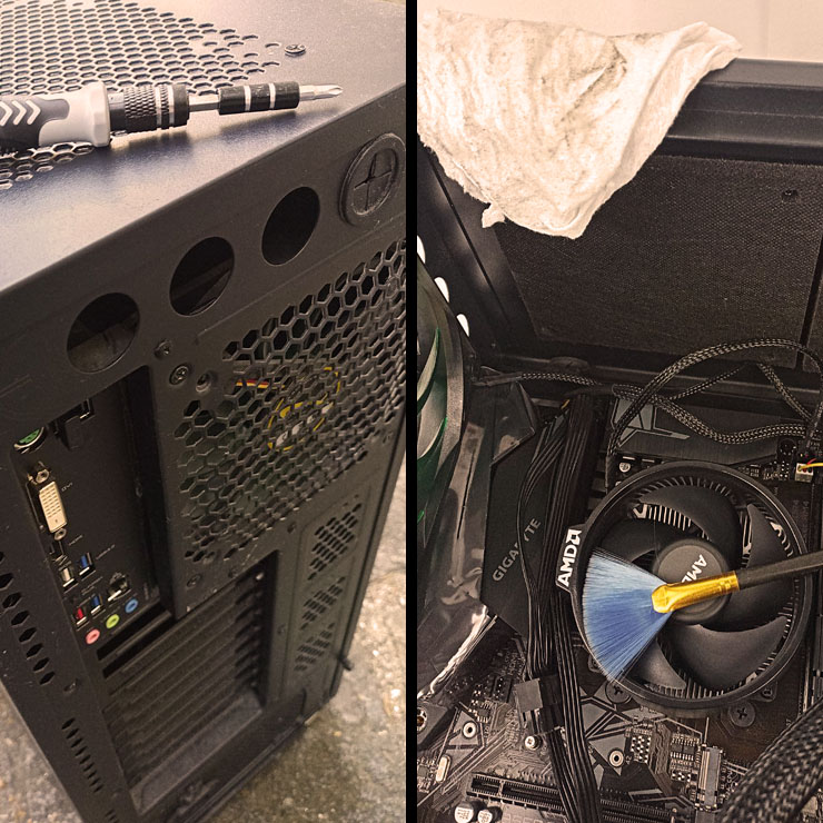Zwei Fotos eines PC-Towers während der Wartung: Links die Rückseite des Gehäuses mit Schraubenzieher obenauf – Symbol für die festsitzenden Gehäuseschrauben, die nur mit Werkzeug zu lösen waren. Rechts ein Blick ins Gehäuse: Ein AMD-Boxed-Kühler mit Antistatikpinsel im Lüfter zeigt die gründliche Lamellenreinigung, darüber ein verstaubtes Spezialtuch als Beleg für die Innenreinigung. Computerheld Linz Die Aufnahme zeigt erneut einen Splitscreen aus zwei Handyfotos, die eine Szene aus dem laufenden Hardware-Check dokumentieren – aufgenommen im Mai 2025 im Rahmen eines Vor-Ort-Einsatzes von Computerheld Linz. Links im Bild: Die Rückseite des schwarzen Big-Tower-Gehäuses. Auf dem Gehäusedeckel liegt ein Schraubenzieher – scheinbar beiläufig platziert, tatsächlich aber symbolisch aufgeladen. Er steht sinnbildlich für die festsitzenden Gehäuseschrauben, die sich mit bloßen Fingern nicht lösen ließen. Erst das passende Werkzeug aus dem mobilen Arsenal des Technikers brachte das Gehäuse zur Aufgabe. Der Schraubenzieher wird hier zum stillen Protagonisten eines Moments, der zeigt: Ohne das richtige Werkzeug geht in der Welt der Technik gar nichts. Rechts im Bild: Ein Ausschnitt aus dem geöffneten Inneren des Rechners. Der Blick fällt auf einen klassischen AMD-Boxed-Kühler, dessen Lüfterflügel einen blauen Antistatikpinsel beherbergen. Die ungewöhnliche Platzierung des Pinsels ist kein Zufall – sie verweist auf die gründliche Reinigung der feinen Kühllamellen, in denen sich über Monate hinweg Staub und Schmutz abgesetzt hatten. Weiter oben im Bild liegt ein weißes Spezialtuch, kunstvoll in einer Gehäuseecke drapiert – inzwischen grau vom Staub, den es aus den hinteren Schächten des Towers gezogen hat. Das Tuch fungiert hier fast wie ein Beweisstück – stumm, aber eindeutig: Hier wurde gründlich gearbeitet. Die beiden Bilder zusammen erzählen eine leise, aber kraftvolle Geschichte vom Wert guter Werkzeuge, sorgfältiger Reinigung und technischer Sorgfalt – ein typischer Moment aus dem Einsatzalltag von Computerheld Linz. Veronika Helga Vetter