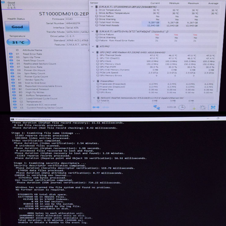 Zwei übereinanderliegende Fotos vom Abschluss eines Hardware-Checks: Oben ein Monitor mit geöffneten Diagnose-Tools und laufender SMART-Analyse, daneben eine ausgefüllte Checkliste für den Kunden. Unten eine Windows-Konsole mit aktivem chkdsk-Befehl zur Fehlerprüfung des Dateisystems. Computerheld Linz Die Aufnahme zeigt einen vertikal geteilten Splitscreen – zwei übereinanderliegende Handyfotos, die den letzten Abschnitt eines professionellen Hardware-Checks dokumentieren. Entstanden im Mai 2025 während eines Vor-Ort-Einsatzes von Computerheld Linz. Im oberen Bild ist ein abfotografierter Monitor zu sehen. Mehrere Diagnose-Tools sind parallel geöffnet; deutlich erkennbar ist eine SMART-Abfrage – sie liefert präzise Werte zum Zustand der Festplatte. Es ist der letzte Schritt des umfangreichen Service-Prozesses, der mit Staubpinsel und Schraubenzieher begann und nun mit digitaler Präzision abschließt. Auf dem Schreibtisch daneben liegt eine ausgedruckte Checkliste – strukturiert, sauber abgearbeitet, vom Techniker durch Häkchen dokumentiert. Der Kunde darf sie behalten – ein kleines Stück Transparenz und handfester Beweis für saubere Arbeit. Im unteren Bild erkennt man eine klassische Windows-Konsole mit schwarzem Hintergrund und weißer Schrift. Der Befehl <code>chkdsk /f /r</code> läuft gerade – eine intensive Überprüfung des Dateisystems inklusive Fehlerkorrektur und Sektorprüfung. Diese Routine läuft nicht still im Hintergrund, sondern offen sichtbar, nachvollziehbar und ehrlich – so wie der ganze Einsatz. Man sieht keine Hektik, keinen Schnickschnack, nur reine Funktion und Kontrolle: genau das, was ein durchdachter Service leisten soll. Gemeinsam zeigen die beiden Fotos den digitalen Schlusspunkt eines analogen Vor-Ort-Einsatzes – nüchtern, aber nicht seelenlos. Ein letztes Durchatmen, bevor der Rechner wieder ganz in den Alltag entlassen wird. Veronika Helga Vetter